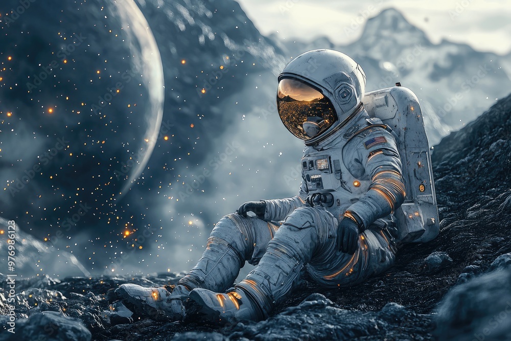 An astronaut is sitting on a rocky surface An astronaut is sitting on a rocky surface