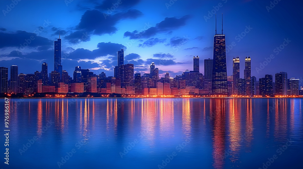 A stunning view of the Chicago skyline at dusk with the city's lights reflecting in the water. A stunning view of the Chicago skyline at dusk with the city's lights reflecting in the water.