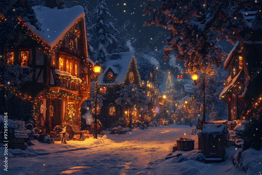 Obraz premium Cozy snow-covered village with Christmas lights at night 