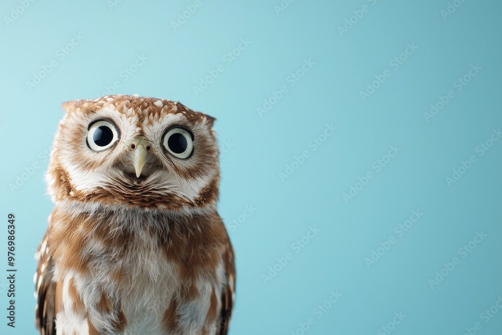 Fototapeta premium A brown and white owl with big eyes stares at the camera