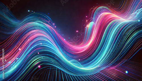 A vibrant abstract neon wave flows in dynamic curves, illuminated with electric blue, pink, and purple lights, creating a futuristic and energetic atmosphere