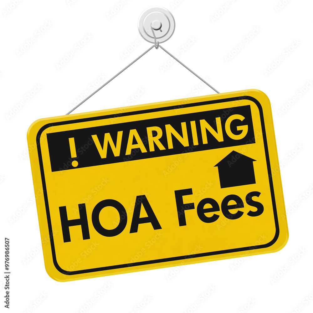 Yellow warning HOA fees with house hanging sign Yellow warning HOA fees with house hanging sign