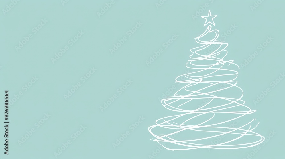 Aesthetic white Christmas tree made of with curved lines, mint background, copy space. Greeting card. Generative AI