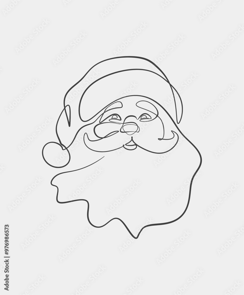 A simple one-line drawing of Santa Claus wearing his signature hat, featuring a minimalist design on a white background. A simple one-line drawing of Santa Claus wearing his signature hat, featuring a minimalist design on a white background.