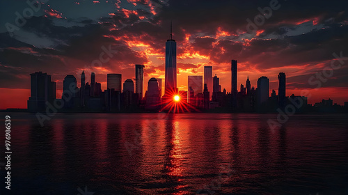 A stunning view of the New York City skyline with the sun rising behind the Freedom Tower, casting a fiery glow across the cityscape.