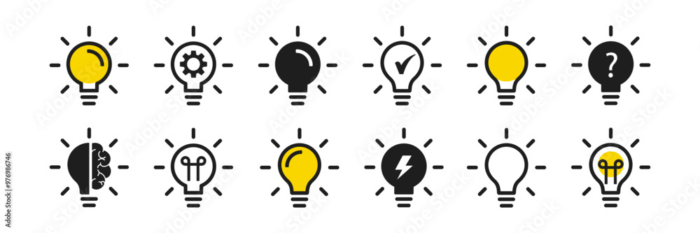 Light bulb icon set. Creative idea symbol. Lightbulb flat and outline pictogram. Glow energy icon. Bright lamp signs. Vector illustration.
