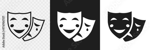 Theatrical mask icon set. Happy and sad signs. Comedy and tragedy masks for fholiday festival, theatr and masquerade. Vector illustration.
