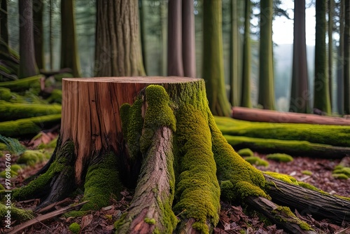 Lush Green Forest Moss on Timber Stump in Scenic Natural Landscape photo