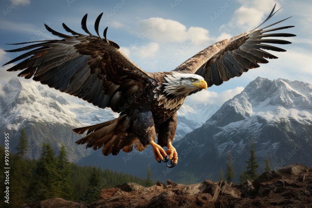 Obraz premium Majestic bald eagle soaring over a rugged mountain landscape, with wings fully extended, showcasing its powerful flight