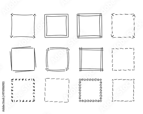 Square doodle frames ,hand-drawn monograms.Edgings and cadres with simple sketchy design elements.Isolated. Vector illustration