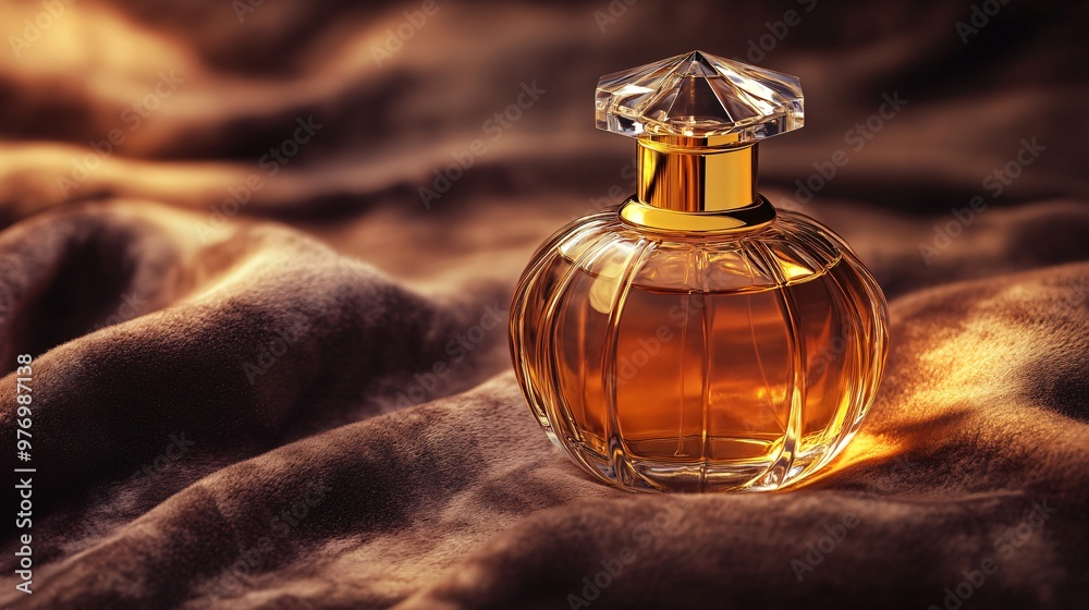A close-up of a bottle of perfume on a luxurious fabric. A close-up of a bottle of perfume on a luxurious fabric.