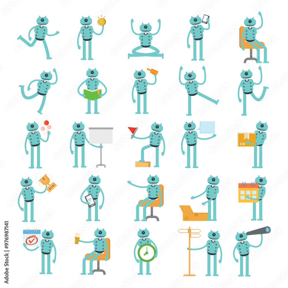 robot characters set in virous poses illustration robot characters set in virous poses illustration