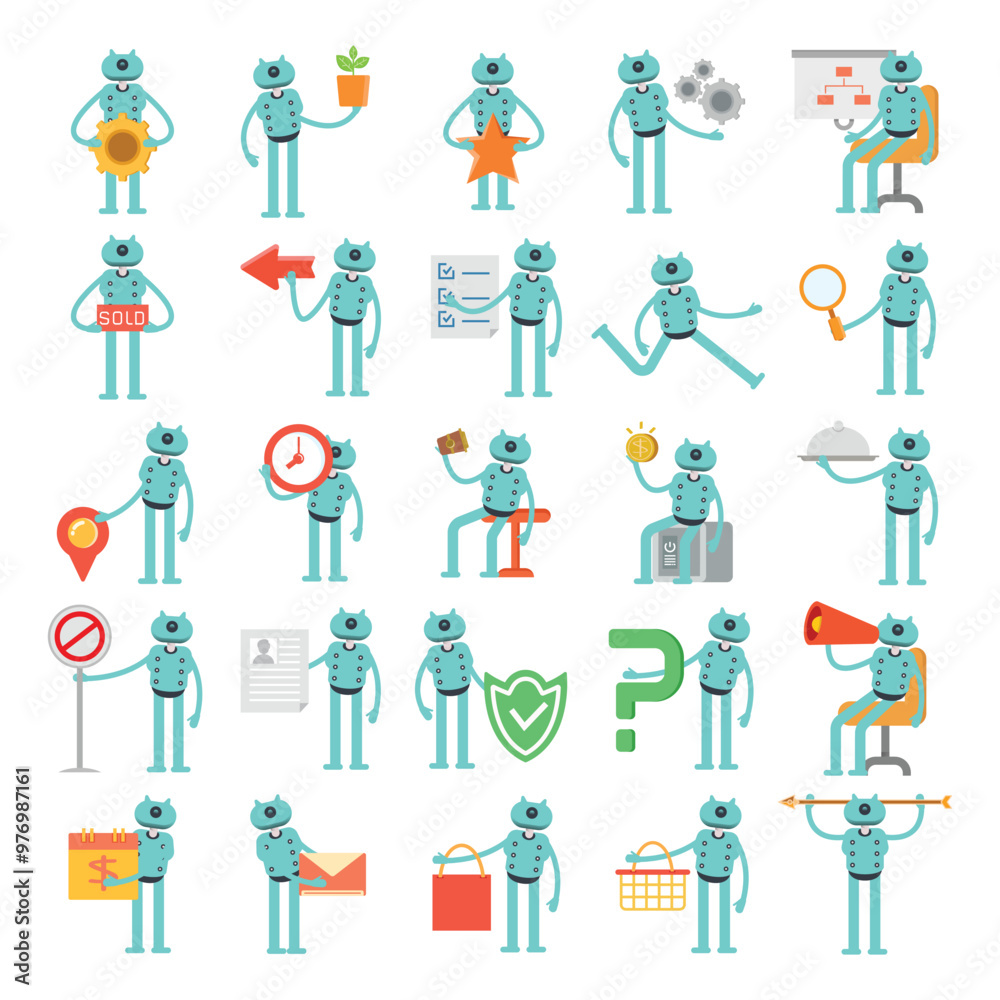 robot characters set in virous poses illustration robot characters set in virous poses illustration