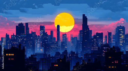 A stylized cityscape with a...