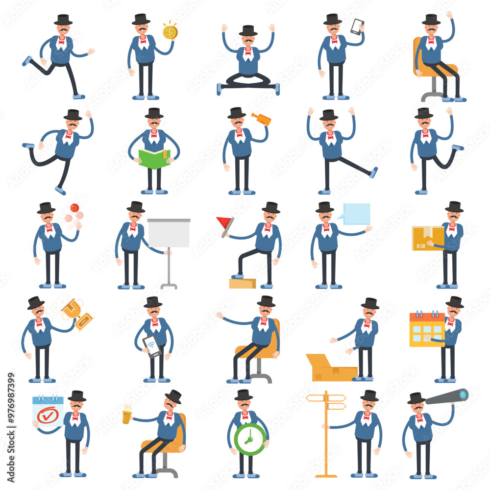 old man in suit and top hat characters set in various poses illustration old man in suit and top hat characters set in various poses illustration