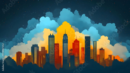 A stylized cityscape with v...