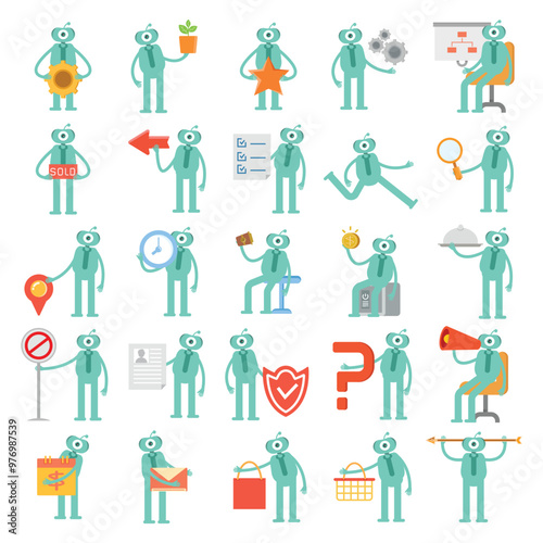 humanoid robot characters set in virous poses illustration