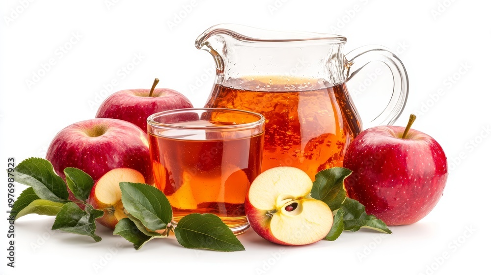 Fresh Apple Juice in Glass Pitcher, Cup, and Juicy Ripe Red Apples, Isolated on White Background Fresh Apple Juice in Glass Pitcher, Cup, and Juicy Ripe Red Apples, Isolated on White Background