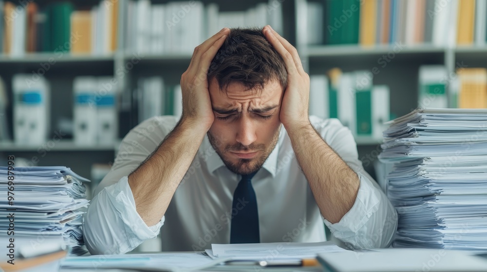 Overworked Employee Stress and Anxiety at Cluttered Desk with Documents, Ultra HD Copy Space for Text