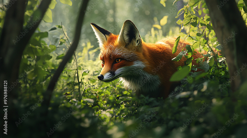 Obraz premium A fox sneaking through the underbrush of a forest.A fox sneaking through the underbrush of a forest.