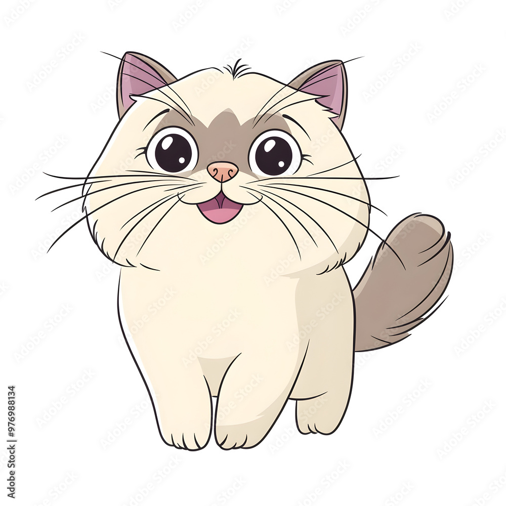 A cheerful Himalayan cat with a playful wagging tail in a cute cartoon style with simple lines and pastel colors A cheerful Himalayan cat with a playful wagging tail in a cute cartoon style with simple lines and pastel colors