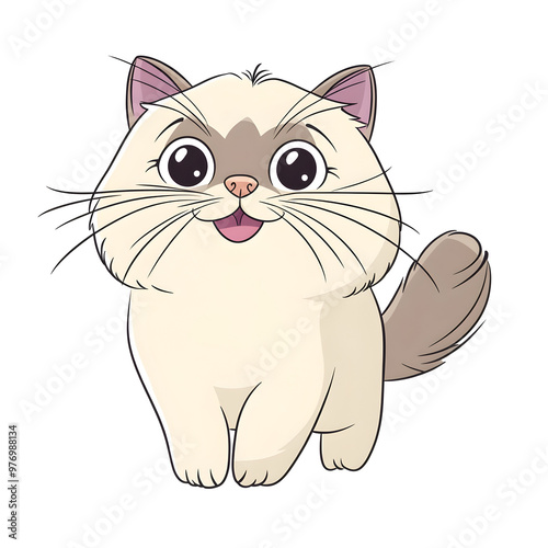 A cheerful Himalayan cat with a playful wagging tail in a cute cartoon style with simple lines and pastel colors