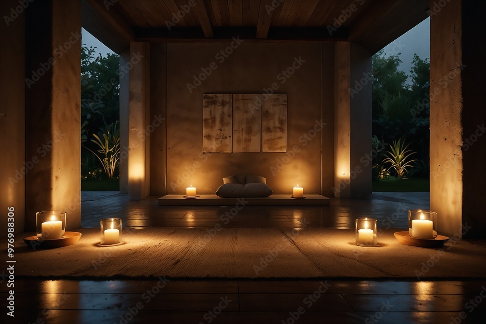 Fototapeta premium Candlelit Meditation Space with Warm Glow, Cushions on the Floor, Quiet and Intimate Atmosphere, Peaceful Energy