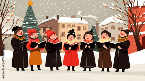 illustration of A group of carolers singing joyfully on a snowy street corner photo