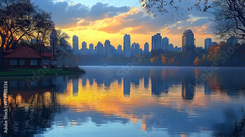 A tranquil lake reflects th...