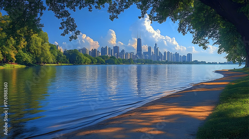 A tranquil lake with a city...