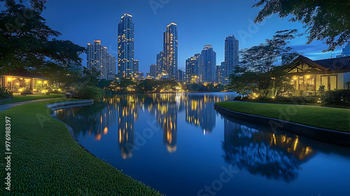 A tranquil lake with lush g...
