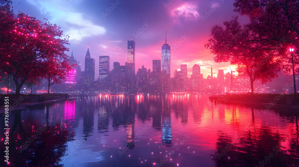 A vibrant and surreal cityscape at twilight with pink and blue hues reflected in a tranquil body of water, surrounded by blooming trees. A vibrant and surreal cityscape at twilight with pink and blue hues reflected in a tranquil body of water, surrounded by blooming trees.
