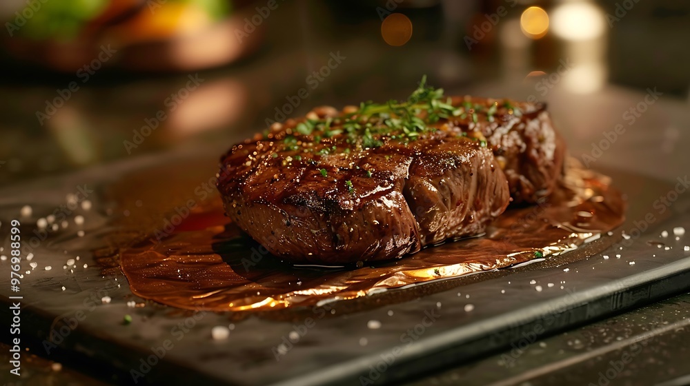 Comforting steak on a porcelain slab with a backdrop formed from copper foil Comforting steak on a porcelain slab with a backdrop formed from copper foil