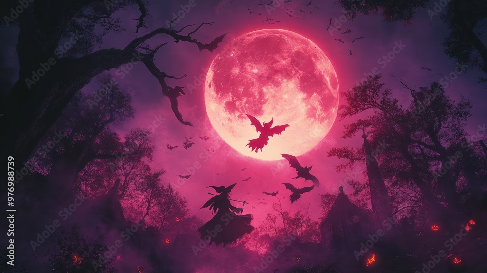 Fototapeta premium Witch Flying Under Blood Moon with Bats and Jack o Lanterns