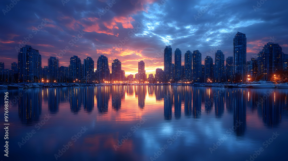 Fototapeta premium A vibrant city skyline reflecting in a calm lake with dramatic clouds during sunset.