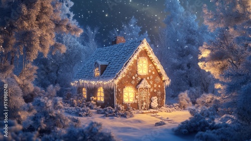 Snowy gingerbread house with icing snowflakes, nestled in a forest clearing under moonlight, evoking a quiet, serene winter atmosphere. Gingerbread house, New Year, Christmas