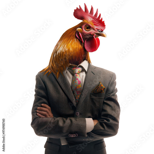 Businessman with a rooster head is standing with his arms crossed photo