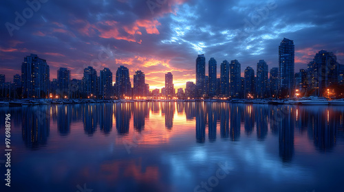 A vibrant city skyline refl...