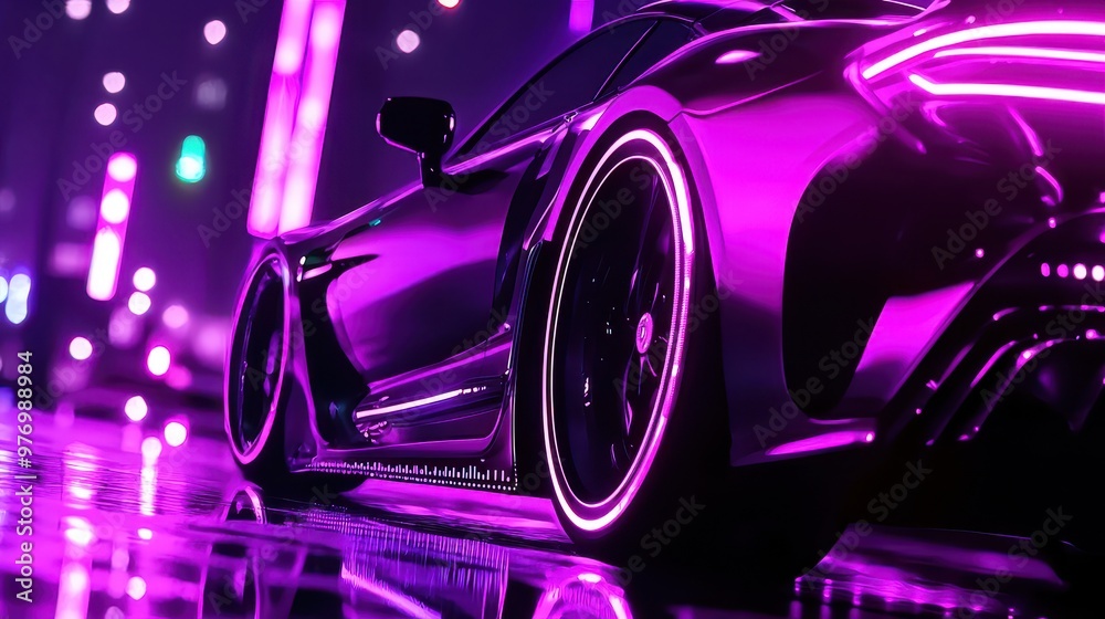 Purple Neon Car in City Night Urban Automotive Design Futuristic Vehicle Purple Neon Car in City Night Urban Automotive Design Futuristic Vehicle