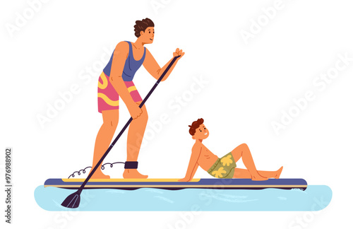 Father and son sup surfing together flat vector illustration isolated on white. Man rowing on standing up paddle.