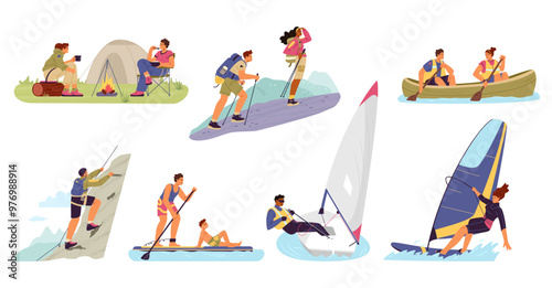 Summertime outdoors activities flat vector illustrations set. Scenes of different people camping, hiking, canoeing, sup surfing, windsurfing, sailing, climbing isolated on white.
