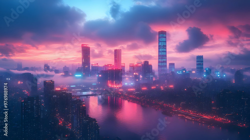A vibrant cityscape at dusk...
