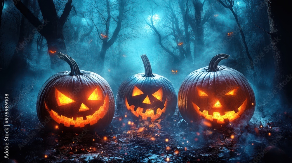 Spooky Jack o Lantern Trio in Foggy Halloween Forest Spooky Jack o Lantern Trio in Foggy Halloween Forest