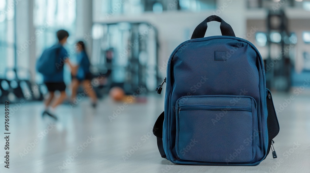 Blue Backpack on White Floor in Gym Setting Blue Backpack on White Floor in Gym Setting