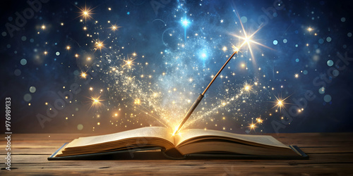 Magic book with a magic wand surrounded by stars, magic, book, wand, stars, fantasy, magical, spell, enchanted, sorcery