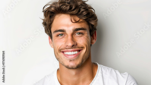 Young man with beautiful smile on white background