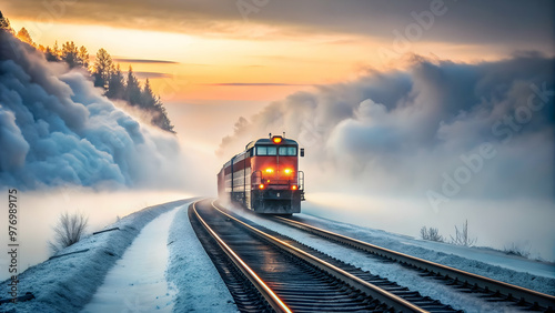 Train chugging through the fog , transportation, locomotive, railway, misty, atmospheric, travel, foggy weather, mist photo