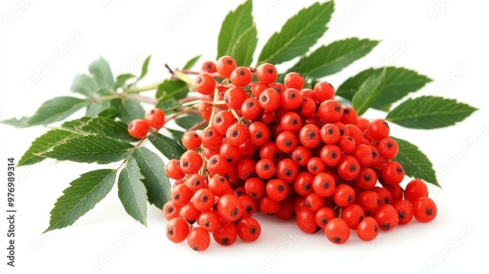 Branch of Vibrant Red Rowan Berries, Close Up on White Background, Autumn Harvest Concept. Branch of Vibrant Red Rowan Berries, Close Up on White Background, Autumn Harvest Concept.