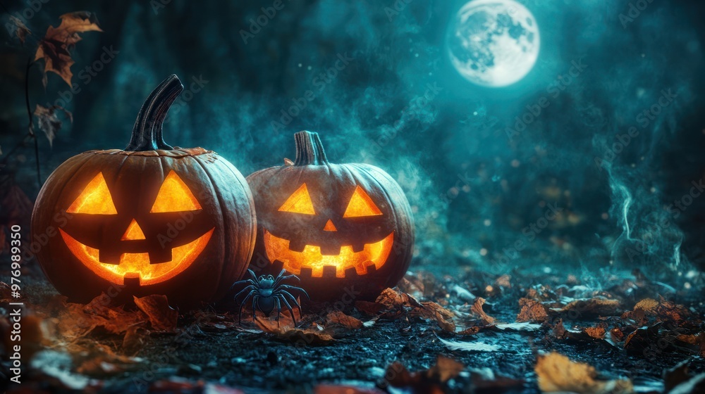 Fototapeta premium Spooky Halloween Pumpkins with Spider and Full Moon