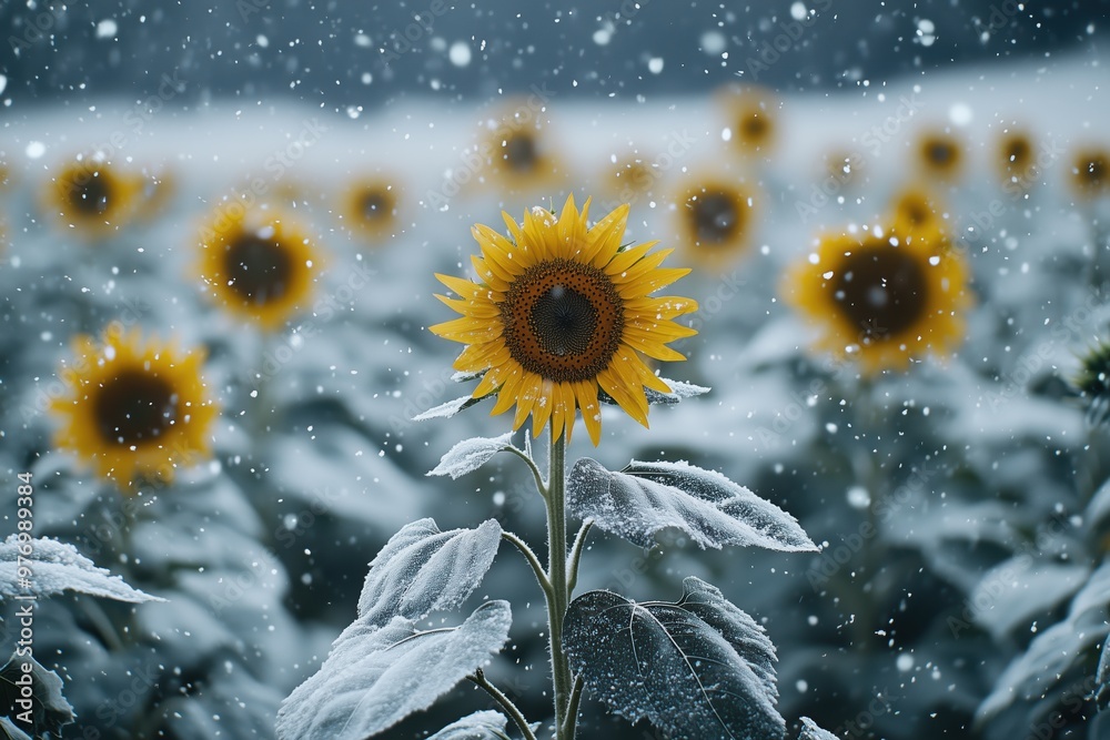 Sunflower Field Under the First Snowfall, with Golden Blooms Lightly Dusted in Snow Sunflower Field Under the First Snowfall, with Golden Blooms Lightly Dusted in Snow